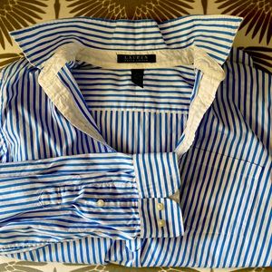 LAUREN Merchant’s Blouse, vertical stripe French blue & white. Slightly fitted.M